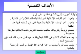 ‫التفصلية‬ ‫األهداف‬
‫المشارك‬ ‫يكون‬ ‫التدريب‬ ‫بنهاية‬
: ‫أن‬ ‫على‬ ‫قادرا‬
•
. ‫الكتابة‬ ‫في‬ ‫التالميذ‬ ‫بأخطاء‬ ‫المرتبطة‬ ‫اإلمالئية‬ ‫القواعد‬ ‫أهم‬ ‫يتعرف‬
•
‫عند‬ ‫فيها‬ ‫التالميذ‬ ‫يقع‬ ‫التى‬ ‫والنحوية‬ ‫اإلمالئية‬ ‫األخطاء‬ ‫أهم‬ ‫يتعرف‬
. ‫الكتابة‬
•
‫بطريقة‬ ‫إمالئية‬ ‫قاعدة‬ ‫لتدريس‬ ‫مناسبة‬ ‫عالجية‬ ‫وتدريبات‬ ً‫ا‬‫دروس‬ ‫يصمم‬
. ‫صحيحة‬
•
‫بمعايير‬ ‫قائمة‬ ‫ضوء‬ ‫في‬ ‫صحيحة‬ ‫بطريقة‬ ‫الكتابة‬ ‫في‬ ‫التالميذ‬ ‫أخطاء‬ ‫يصحح‬
. ‫الجيد‬ ‫التصحيح‬
•
‫المرتبطة‬ ‫والنحو‬ ‫اإلمالء‬ ‫قواعد‬ ‫فيه‬ ‫مراعيا‬ ً‫ا‬‫مناسب‬ ً‫ا‬‫لغوي‬ ً‫ا‬‫نص‬ ‫يكتب‬
. ‫بالكتابة‬
‫الرئيسة‬ ‫القائمة‬
 