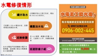 水電修復情形
鑽井取水
大馬鑽井取水工程已完成，增加
約 500CMD 的供水。
已設置 33 站 48 桶加水站，並隨
時增加和調派水車。 機動加水站
至 10/8 晚間，總漏水件數 529
件，已處理 510 件，持續巡檢搶
修
巡檢修漏
...