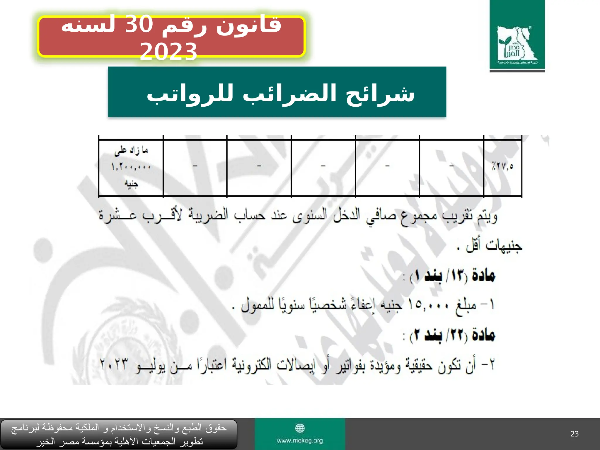 23
‫للرواتب‬ ‫الضرائب‬ ‫شرائح‬
‫لبرنامج‬ ‫محفوظة‬ ‫الملكية‬ ‫و‬ ‫واالستخدام‬ ‫والنسخ‬ ‫الطبع‬ ‫حقوق‬
‫الخير‬ ‫مصر‬ ‫بمؤسسة‬ ‫األهلية‬ ‫الجمعيات‬ ‫تطوير‬
‫رقم‬ ‫قانون‬
30
‫لسنه‬
2023
 