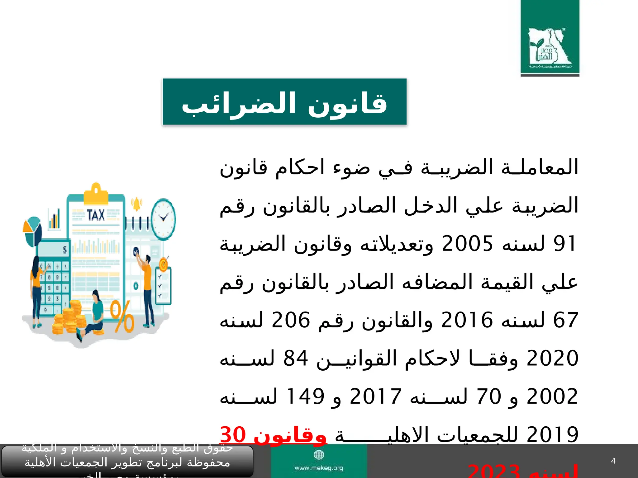 4
‫الملكية‬ ‫و‬ ‫واالستخدام‬ ‫والنسخ‬ ‫الطبع‬ ‫حقوق‬
‫األهلية‬ ‫الجمعيات‬ ‫تطوير‬ ‫لبرنامج‬ ‫محفوظة‬
‫العام‬ ‫الهدف‬
‫قانون‬ ‫احكام‬ ‫ضوء‬ ‫"ي‬
"‫ف‬ ‫"ة‬
"‫الضريب‬ ‫"ة‬
"‫المعامل‬
‫"م‬
‫ق‬‫ر‬ ‫بالقانون‬ ‫"ادر‬
‫ص‬‫ال‬ ‫"ل‬‫خ‬‫الد‬ ‫"ي‬‫ل‬‫ع‬ ‫"ة‬‫ب‬‫الضري‬
91
‫"نه‬
‫س‬‫ل‬
2005
‫"ة‬
‫ب‬‫الضري‬ ‫وقانون‬ ‫"ه‬
‫ت‬‫وتعديال‬
‫"م‬
‫ق‬‫ر‬ ‫بالقانون‬ ‫"ادر‬
‫ص‬‫ال‬ ‫"ه‬
‫ف‬‫المضا‬ ‫"ة‬
‫م‬‫القي‬ ‫"ي‬
‫ل‬‫ع‬
67
‫"نه‬‫س‬‫ل‬
2016
‫"م‬‫ق‬‫ر‬ ‫والقانون‬
206
‫"نه‬
‫س‬‫ل‬
2020
‫القواني"""ن‬ ‫الحكام‬ ‫وفق"""ا‬
84
‫لس"""نه‬
2002
‫و‬
70
‫لس"""نه‬
2017
‫و‬
149
‫لس"""نه‬
2019
‫االهلي"""""""ة‬ ‫للجمعيات‬
‫وقانون‬
30
‫الضرائب‬ ‫قانون‬
 