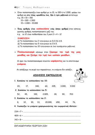 40 | Α ’ Τ ε ύ χ ο ς Μ α θ η μ α τ ι κ ώ ν
ΕΚΠΑΙΔΕΥΤΗΡΙΑ ΓΕΩΡΓΙΟΥ ΖΩΗ
➢ Όταν πολλαπλασιάζω έναν αριθμό με το 10, το 100 ή το 1.000, γράφω τον
αριθμό και στο τέλος προσθέτω ένα, δύο ή τρία μηδενικά αντίστοιχα.
π.χ. 15 × 10 = 150
15 × 100 = 1.500
15 × 1.000 = 15.000
➢ Ένας αριθμός είναι πολλαπλάσιο ενός άλλου αριθμού όταν κάποιος
φυσικός αριθμός πολλαπλασιαστεί μαζί του.
π.χ. το 12 είναι πολλαπλάσιο του 3 γιατί 3 × 4 = 12
ΣΗΜΕΙΩΣΗ:
α) Τα πολλαπλάσια του 2 τελειώνουν σε 0,2,4,6 ή 8.
β) Τα πολλαπλάσια του 5 τελειώνουν σε 0 ή 5.
γ) Τα πολλαπλάσια του 10 τελειώνουν σε ένα τουλάχιστον μηδενικό.
➢ Πολλαπλασιασμό κάνουμε όταν ξέρουμε την τιμή της μιας
μονάδας και ζητάμε την τιμή των πολλών μονάδων.
Οι όροι του πολλαπλασιασμού λέγονται παράγοντες και το αποτέλεσμα
γινόμενο.
Αν αλλάξουμε τη σειρά των παραγόντων, το γινόμενο δεν αλλάζει.
ΑΣΚΗΣΕΙΣ ΕΜΠΕΔΩΣΗΣ
1. Κυκλώνω τα πολλαπλάσια του 10:
20, 17, 340, 60, 205, 3.000, 9.010
2. Κυκλώνω τα πολλαπλάσια του 5:
52, 45, 100, 2.005, 28, 90, 703
3. Κυκλώνω τα πολλαπλάσια του 2:
8, 32, 90, 33, 20.000, 650, 44, 76,
4. Υπολογίζω τα γινόμενα χρησιμοποιώντας την επιμεριστική ιδιότητα:
234 × 7 = ........................................................................................................................
409 × 6 = ........................................................................................................................
142 × 8 = ........................................................................................................................
 