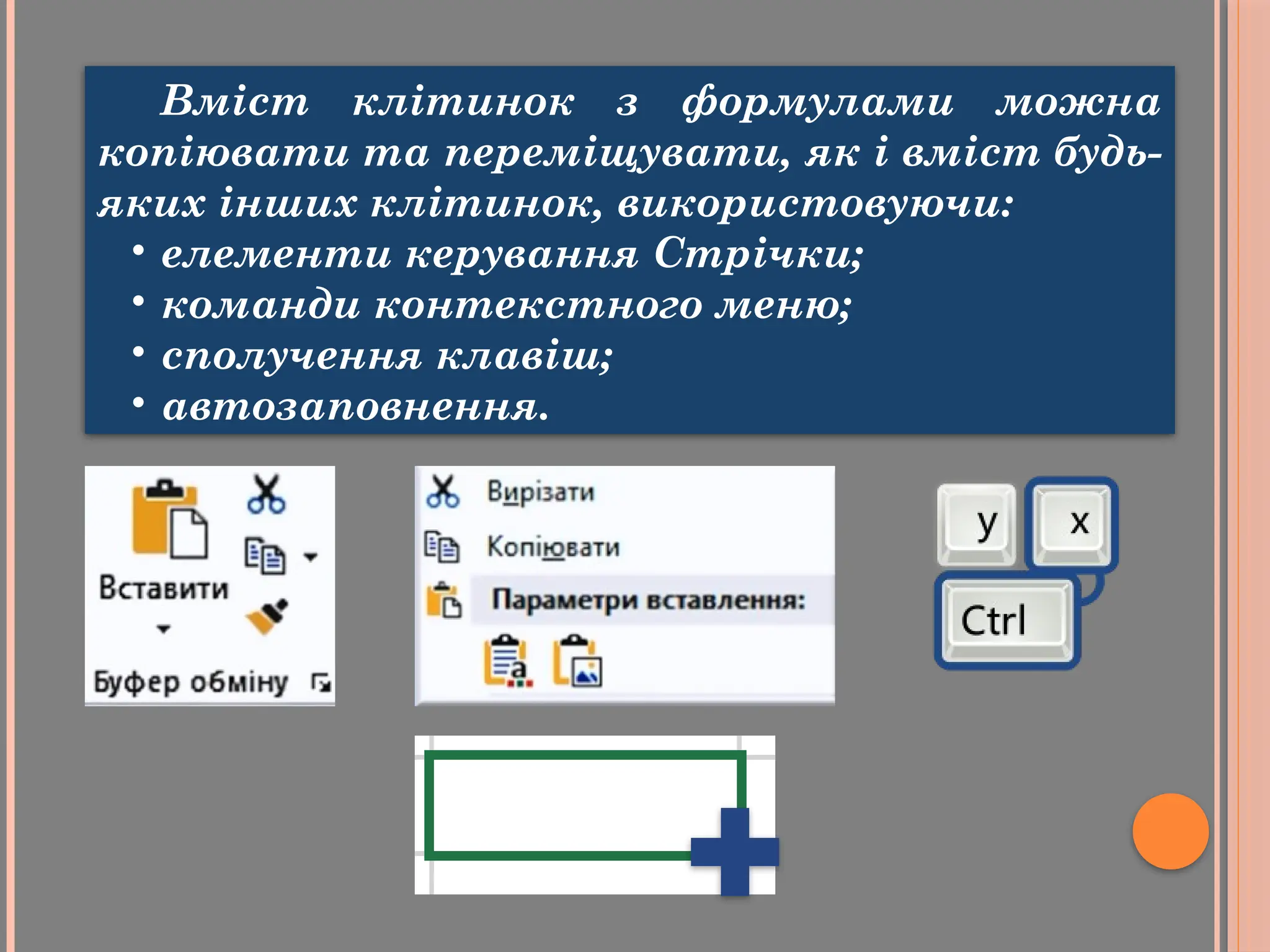 Вміст клітинок з формулами можна
копіювати та переміщувати, як і вміст будь-
яких інших клітинок, використовуючи:
• елементи керування Стрічки;
• команди контекстного меню;
• сполучення клавіш;
• автозаповнення.
 