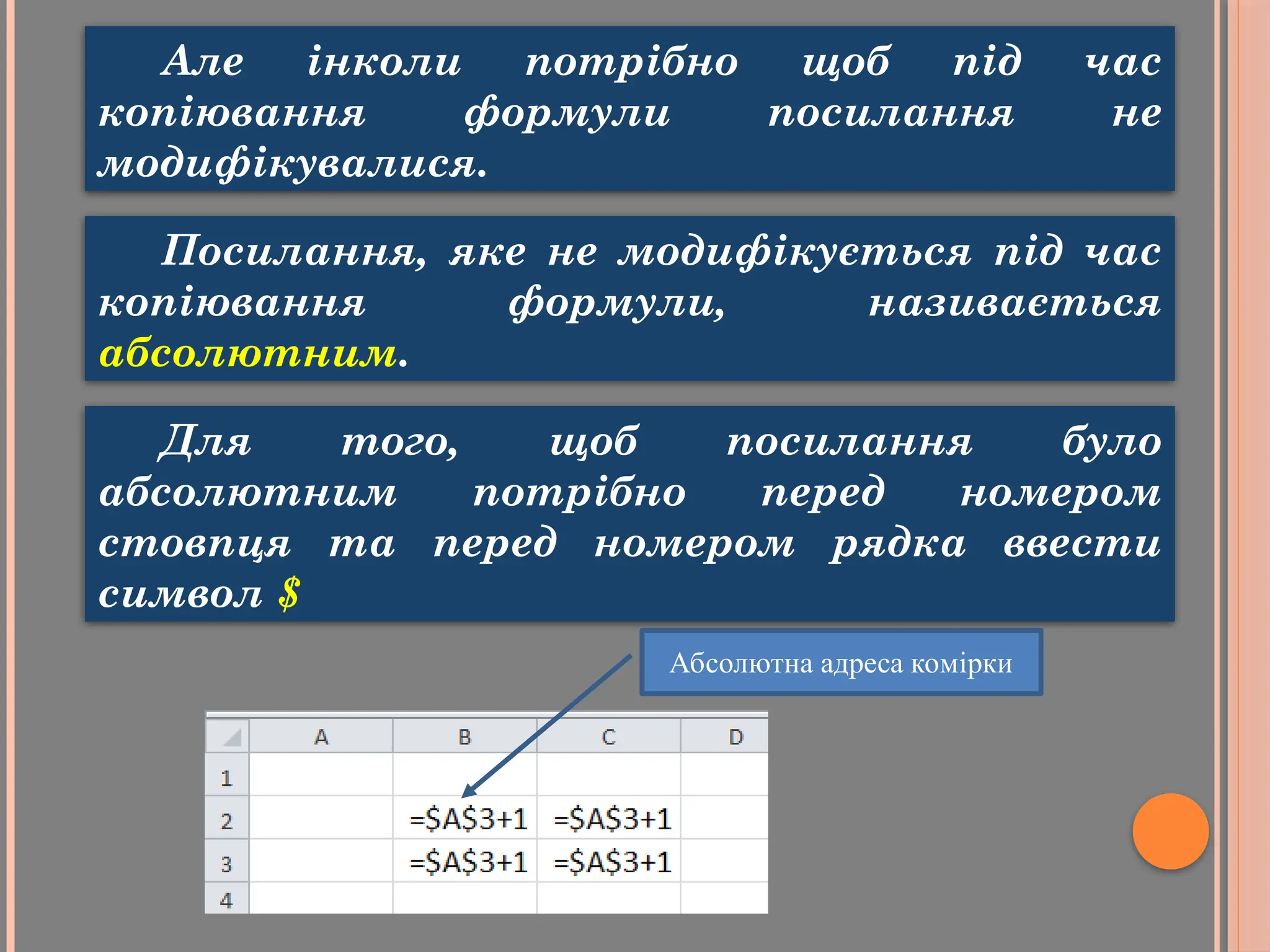 Але інколи потрібно щоб під час
копіювання формули посилання не
модифікувалися.
Посилання, яке не модифікується під час
копіювання формули, називається
абсолютним.
Для того, щоб посилання було
абсолютним потрібно перед номером
стовпця та перед номером рядка ввести
символ $
Абсолютна адреса комірки
 