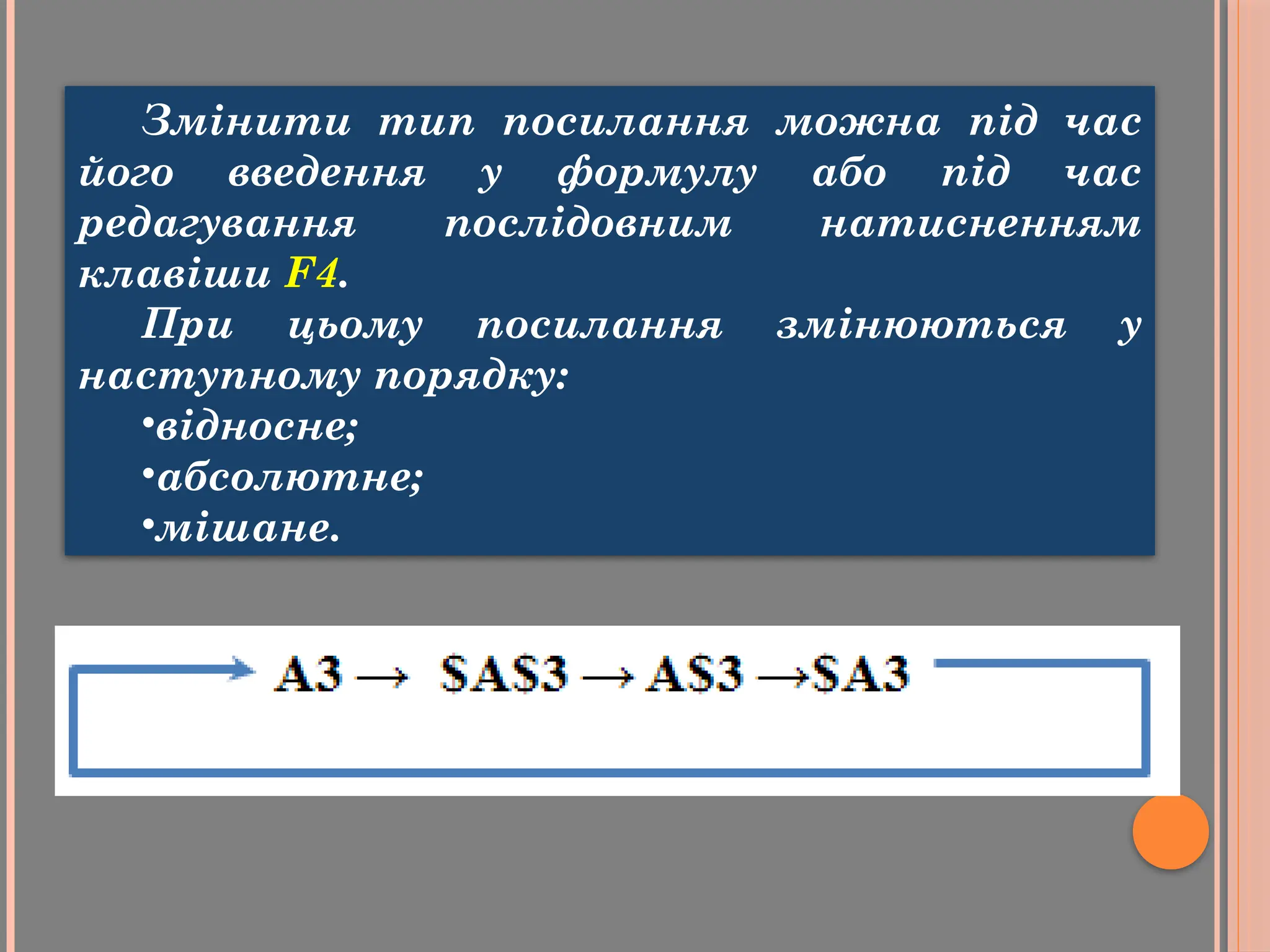 Змінити тип посилання можна під час
його введення у формулу або під час
редагування послідовним натисненням
клавіши F4.
При цьому посилання змінюються у
наступному порядку:
•відносне;
•абсолютне;
•мішане.
 