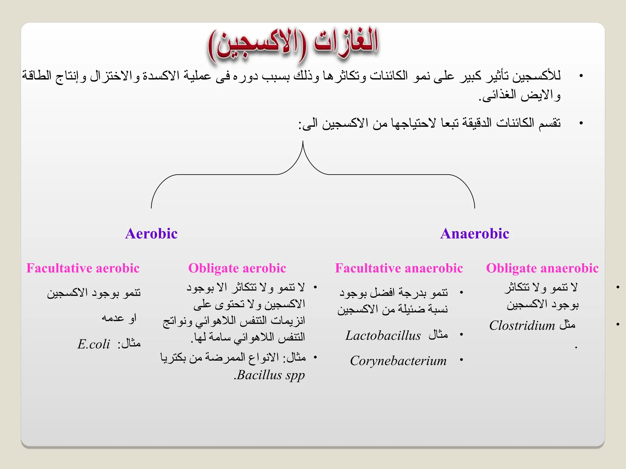 •
‫الطاقة‬ ‫وإنتاج‬ ‫واالختزال‬ ‫االكسدة‬ ‫عملية‬ ‫فى‬ ‫دوره‬ ‫بسبب‬ ‫وذلك‬ ‫وتكاثرها‬ ‫الكائنات‬ ‫نمو‬ ‫على‬ ‫كبير‬ ‫تأثير‬ ‫لألكسجين‬
‫الغذائى‬ ‫وااليض‬
.
•
‫ا‬ ‫تقسم‬
‫الدقيقة‬ ‫لكائنات‬
:‫الى‬ ‫االكسجين‬ ‫من‬ ‫الحتياجها‬ ‫تبعا‬
Aerobic Anaerobic
Facultative aerobic
‫االكسجين‬ ‫بوجود‬ ‫تنمو‬
‫عدمه‬ ‫او‬
:‫مثال‬
E.coli
Obligate aerobic
•
‫تتكاثر‬ ‫وال‬ ‫تنمو‬ ‫ال‬
‫بوجود‬ ‫اال‬
‫و‬ ‫االكسجين‬
‫ال‬
‫على‬ ‫تحتوى‬
‫ا‬ ‫التنفس‬ ‫انزيمات‬
‫ل‬
‫الهوائ‬
‫ي‬
‫ونواتج‬
.‫لها‬ ‫سامة‬ ‫الالهوائي‬ ‫التنفس‬
•
‫بكتريا‬ ‫من‬ ‫الممرضة‬ ‫االنواع‬ :‫مثال‬
Bacillus spp
.
Facultative anaerobic
•
‫بوجود‬ ‫افضل‬ ‫بدرجة‬ ‫تنمو‬
‫االكسجين‬ ‫من‬ ‫ضئيلة‬ ‫نسبة‬
•
‫مثال‬
Lactobacillus
•
Corynebacterium
Obligate anaerobic
•
‫تتكاثر‬ ‫وال‬ ‫تنمو‬ ‫ال‬
‫االكسجين‬ ‫بوجود‬
•
‫مثل‬
Clostridium
.
 