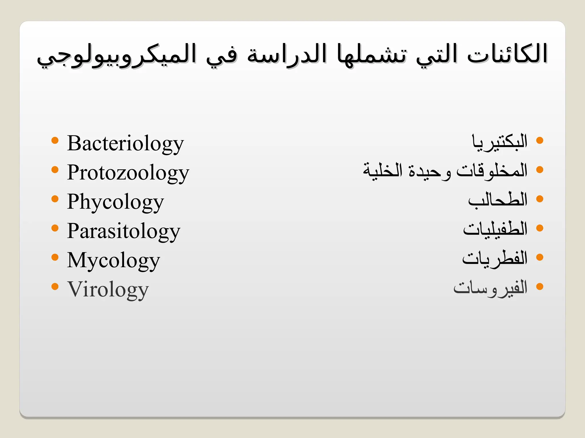 ‫الميكروبيولوجي‬ ‫في‬ ‫الدراسة‬ ‫تشملها‬ ‫التي‬ ‫الكائنات‬
‫الميكروبيولوجي‬ ‫في‬ ‫الدراسة‬ ‫تشملها‬ ‫التي‬ ‫الكائنات‬

‫البكتيريا‬

‫الخلية‬ ‫وحيدة‬ ‫المخلوقات‬

‫الطحالب‬

‫الطفيليات‬

‫الفطريات‬

‫الفيروسات‬
 Bacteriology
 Protozoology
 Phycology
 Parasitology
 Mycology
 Virology
 