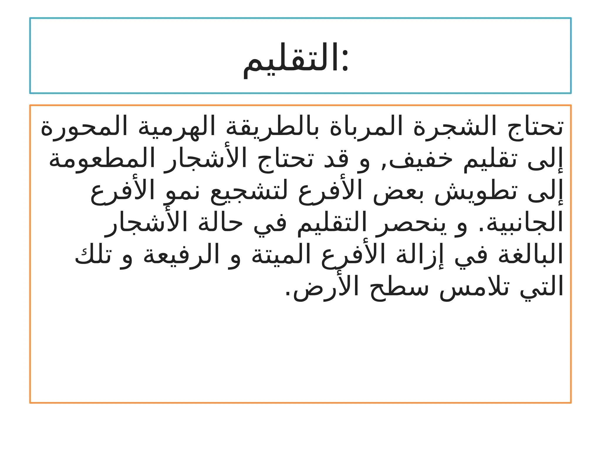‫التقليم‬:
‫المحورة‬ ‫الهرمية‬ ‫بالطريقة‬ ‫المرباة‬ ‫الشجرة‬ ‫تحتاج‬
‫المطعومة‬ ‫األشجار‬ ‫تحتاج‬ ‫قد‬ ‫و‬ ,‫خفيف‬ ‫تقليم‬ ‫إلى‬
‫األفرع‬ ‫نمو‬ ‫لتشجيع‬ ‫األفرع‬ ‫بعض‬ ‫تطويش‬ ‫إلى‬
‫األشجار‬ ‫حالة‬ ‫في‬ ‫التقليم‬ ‫ينحصر‬ ‫و‬ .‫الجانبية‬
‫تلك‬ ‫و‬ ‫الرفيعة‬ ‫و‬ ‫الميتة‬ ‫األفرع‬ ‫إزالة‬ ‫في‬ ‫البالغة‬
‫األرض‬ ‫سطح‬ ‫تالمس‬ ‫التي‬
.
 