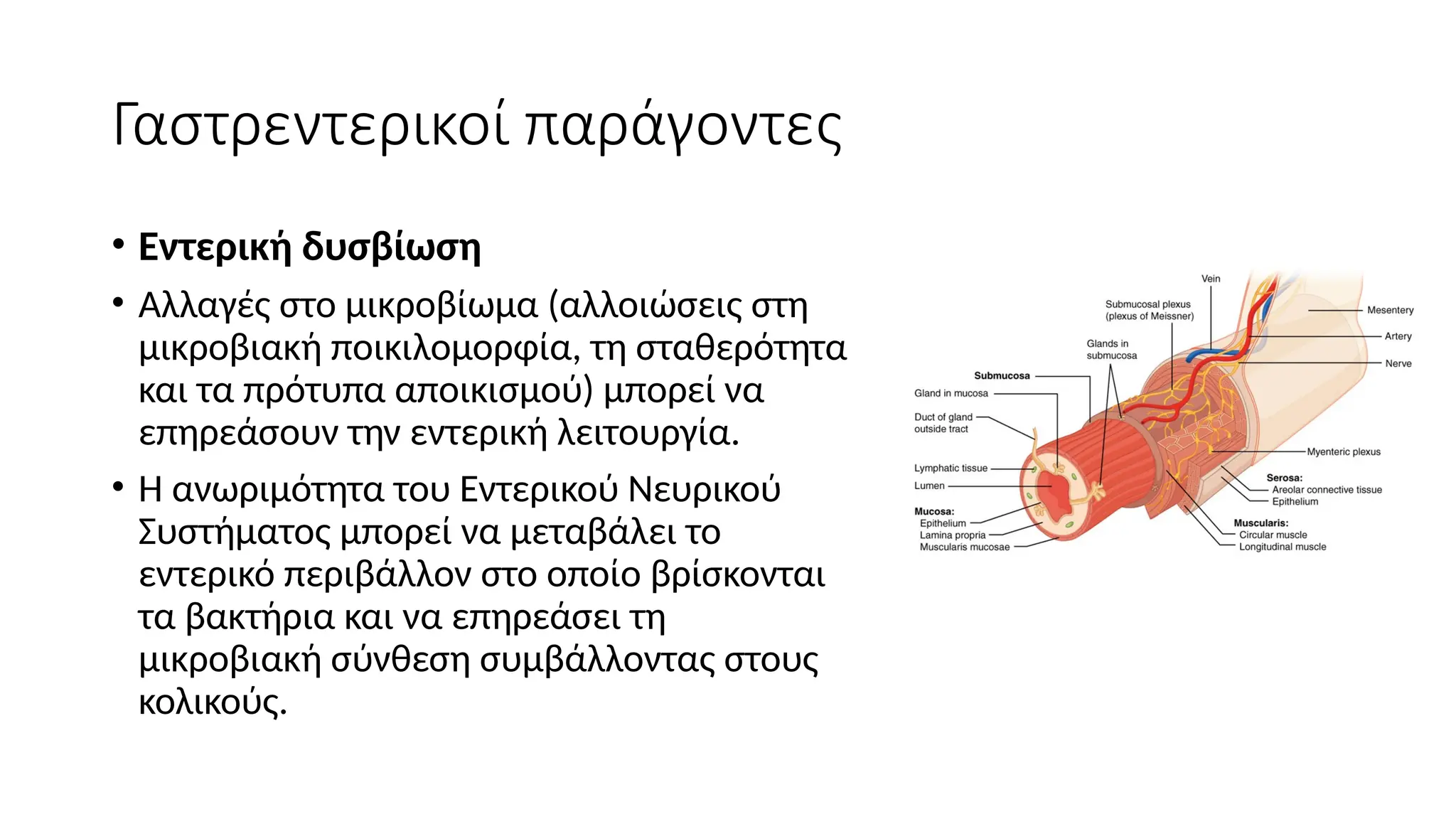 Γαστρεντερικοί παράγοντες
• Εντερική δυσβίωση
• Αλλαγές στο μικροβίωμα (αλλοιώσεις στη
μικροβιακή ποικιλομορφία, τη σταθερότητα
και τα πρότυπα αποικισμού) μπορεί να
επηρεάσουν την εντερική λειτουργία.
• Η ανωριμότητα του Εντερικού Νευρικού
Συστήματος μπορεί να μεταβάλει το
εντερικό περιβάλλον στο οποίο βρίσκονται
τα βακτήρια και να επηρεάσει τη
μικροβιακή σύνθεση συμβάλλοντας στους
κολικούς.
 