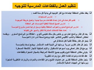 ‫للتوجيه‬ ‫المدرسية‬ ‫بالقطاعات‬ ‫العمل‬ ‫تنظيم‬

: ‫قصد‬ ‫سنة‬ ‫كل‬ ‫بداية‬ ‫في‬ ‫التوجيه‬ ‫أطر‬ ‫مع‬ ‫اجتماعا‬ ‫المنطقة‬ ‫مفتش‬ ‫يعقد‬
o
‫المستجدات‬ ‫تدارس‬
o
‫الموجودة‬ ‫خريطة‬ ‫وتعديل‬ ‫جديدة‬ ‫مدرسية‬ ‫قطاعات‬ ‫إحداث‬ ‫شأن‬ ‫في‬ ‫اقتراحات‬ ‫تقديم‬
o
‫المغطاة‬ ‫غير‬ ‫المؤسسات‬ ‫لتغطية‬ ‫الممكنة‬ ‫الصيغ‬ ‫تدارس‬
o
‫المؤسسة‬ ‫مشروع‬ ‫ضمن‬ ‫إدراجه‬ ‫وسبل‬ ‫بتنفيذه‬ ‫المتعلقة‬ ‫والجوانب‬ ‫السنوي‬ ‫البرنامج‬ ‫تدارس‬
o
‫تنفيذها‬ ‫على‬ ‫والسهر‬ ‫لألطر‬ ‫المشتركة‬ ‫للتدخالت‬ ‫خطة‬ ‫إعداد‬

‫ويقدمه‬ ، ‫السنوي‬ ‫البرنامج‬ ‫من‬ ‫انطالقا‬ ، ‫ثانوي‬ ‫تعليمي‬ ‫سلك‬ ‫بكل‬ ‫خاص‬ ‫دوري‬ ‫عمل‬ ‫برنامج‬ ‫إطار‬ ‫كل‬ ‫يعد‬
‫المؤسسة‬ ‫ادارة‬ ‫لدى‬ ‫نسخة‬ ‫ووضع‬ ‫عليه‬ ‫للتأشير‬ ‫االقليمي‬ ‫والنائب‬ ‫المنطقة‬ ‫لمفتش‬

‫فرعي‬ ‫نشاط‬ ‫لكل‬ ‫تقنية‬ ‫بطاقة‬ ‫إطار‬ ‫كل‬ ‫ينجز‬

‫بالمؤسسة‬ ‫نسخا‬ ‫ويضع‬ ‫االستثمار‬ ‫قصد‬ ‫النيابة‬ ‫إلى‬ ‫يرسلها‬ ‫دورية‬ ‫تقارير‬ ‫إطار‬ ‫كل‬ ‫ينجز‬

‫المسطرة‬ ‫األنشطة‬ ‫النجاز‬ ‫المتبقية‬ ‫واأليام‬ ‫لالستقبال‬ ‫أسبوعيا‬ ‫يوم‬ ‫نصفي‬ ‫إطار‬ ‫كل‬ ‫يبرمج‬

‫بالقطاعات‬ ‫المنجزة‬ ‫بالمجال‬ ‫المرتبطة‬ ‫األنشطة‬ ‫جميع‬ ‫وتقويم‬ ‫تتبع‬ ‫المنطقة‬ ‫مفتش‬ ‫يتولى‬

‫تأطيرية‬ ‫زيارات‬ ‫مع‬ ‫األطر‬ ‫لفائدة‬ ‫وندوات‬ ‫لقاءات‬ ‫عقد‬

‫المنجزة‬ ‫التأطيرية‬ ‫والزيارات‬ ‫والندوات‬ ‫اللقاءات‬ ‫وعن‬ ‫التتبع‬ ‫عمليات‬ ‫عن‬ ‫تقارير‬ ‫المنطقة‬ ‫مفتش‬ ‫ينجز‬
‫لإلستثمار‬ ‫المعنية‬ ‫الجهات‬ ‫الى‬ ‫ويرسلها‬
 