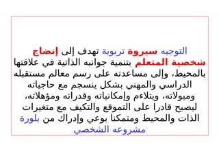 ‫التوجيه‬
‫سيروة‬
‫تربوي‬
‫ة‬
‫إلى‬ ‫تهدف‬
‫إنضاج‬
‫المتعلم‬ ‫شخصية‬
‫عالقتها‬ ‫في‬ ‫الذاتية‬ ‫جوانبه‬ ‫بتنمية‬
‫مستقبله‬ ‫معالم‬ ‫رسم‬ ‫على‬ ‫مساعدته‬ ‫وإلى‬ ،‫بالمحيط‬
‫حاجياته‬ ‫مع‬ ‫ينسجم‬ ‫بشكل‬ ‫والمهني‬ ‫الدراسي‬
،‫وميوالته‬
‫ويتالءم‬
‫و‬
،‫ومؤهالته‬ ‫وقدراته‬ ‫إمكانياته‬
‫متغيرات‬ ‫مع‬ ‫والتكيف‬ ‫التموقع‬ ‫على‬ ‫قادرا‬ ‫ليصبح‬
‫من‬ ‫وإدراك‬ ‫بوعي‬ ‫ومتمكنا‬ ‫والمحيط‬ ‫الذات‬
‫بلورة‬
‫الشخصي‬ ‫مشروعه‬
 
