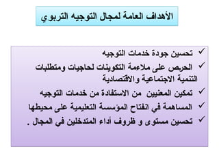 ‫التربوي‬ ‫التوجيه‬ ‫لمجال‬ ‫العامة‬ ‫األهداف‬

‫التوجيه‬ ‫خدمات‬ ‫جودة‬ ‫تحسين‬

‫ومتطلبات‬ ‫لحاجيات‬ ‫التكوينات‬ ‫مالءمة‬ ‫على‬ ‫الحرص‬
‫واالقتصادية‬ ‫االجتماعية‬ ‫التنمية‬

‫التوجيه‬ ‫خدمات‬ ‫من‬ ‫االستفادة‬ ‫من‬ ‫المعنيين‬ ‫تمكين‬

‫محيطها‬ ‫على‬ ‫التعليمية‬ ‫المؤسسة‬ ‫انفتاح‬ ‫في‬ ‫المساهمة‬

. ‫المجال‬ ‫في‬ ‫المتدخلين‬ ‫أداء‬ ‫ظروف‬ ‫و‬ ‫مستوى‬ ‫تحسين‬
 
