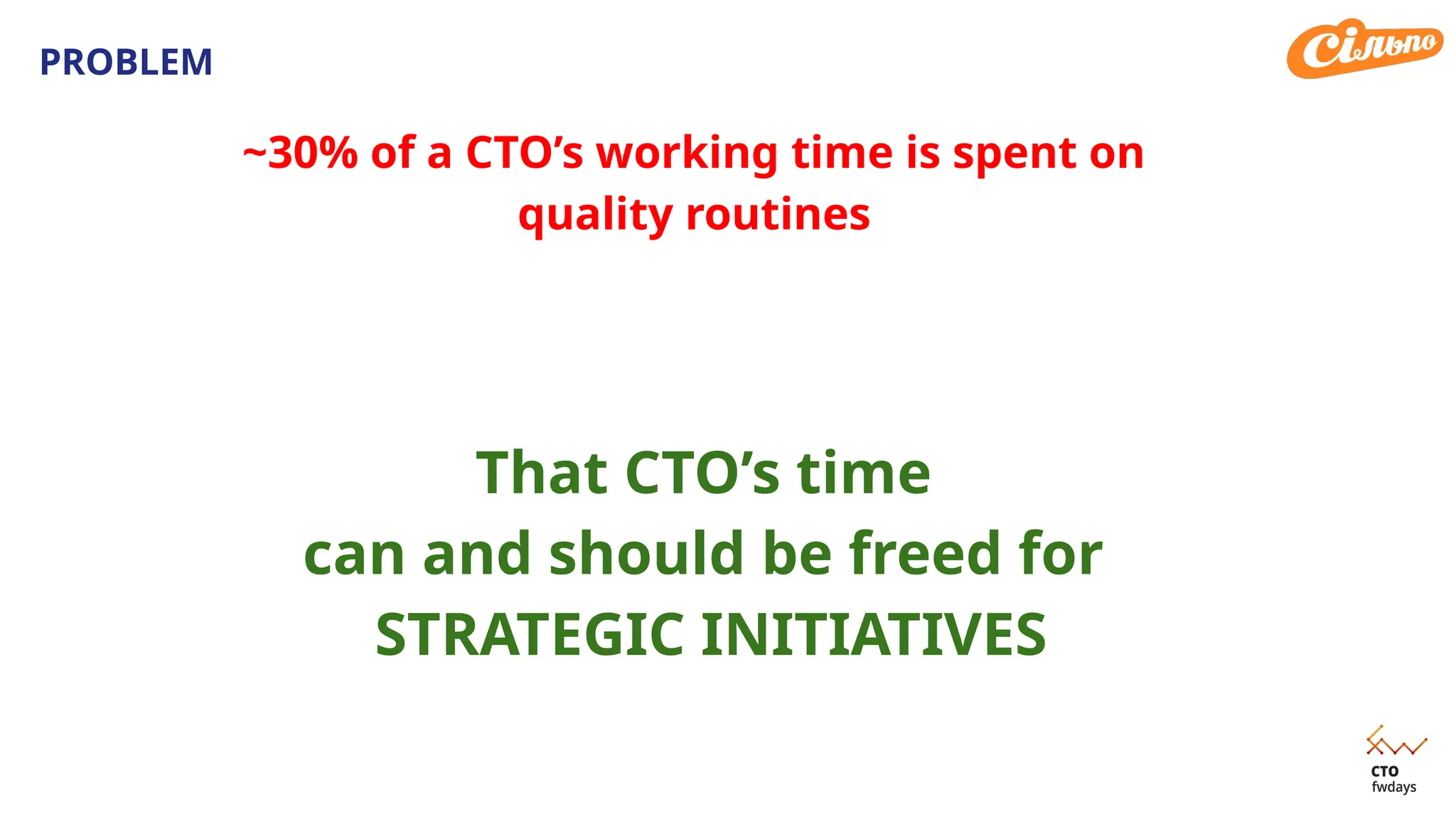 PROBLEM
~30% of a CTO’s working time is spent on
quality routines
That CTO’s time
can and should be freed for
STRATEGIC INITIATIVES
 