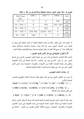 56
¾Â®Şƃ¦

2

–

10

ÀƆ¾Ƃ¿ƒſŗƃƙ®ŕŗŽƄřŤƆƃ¦ŗŕƃœŪƃ¦®°¦ÂŬƃ¦±ƒƂ¦
°ř
TA

Â
TAC


řƅŕţƅ§
[ HCO3
-
]

[CO3
2 -
]
[ OH –
]
ÀƔƁ
TA
řƅƛ¯ŗ
TAC
ƑƅÃƗ§
TAC
0
0

TA = 0
řƔƊŕŝƅ§
TAC– 2TA
2TA

0
TA  TAC / 2
řŝƅŕŝƅ§
0
TAC

0
TA = TAC / 2
řŸŗ§
±ƅ§
0
2 (TAC – TA )

2TA–TAC
TA  TAC / 2
řŬƈŕŦƅ§
0
0
TAC
TA = TAC

Á£ÁƄƈƔƓśƅ§řƆţƊƈƅ§¯§Ãƈƅ§Ã£řƊÃƆƈƅ§ÃřƂƆŸƈƅ§¯§Ãƈƅ§ÁƈřƔƅŕŷ²ƔƄ§
±śƑƆŷ¡ŕƈƅ§ÄÃśţ§§°¥
¼Űśś

ŗ
ƓƁÃƈƅ§ ¿ÃƆţƈƅ§ ±Ã¯
 ž
 ¨ƊŠś ¾ƅ° ¯Ɗŷ ¨ŠƔ
¿ŕƈŸśŬ§

§
±ŸŮƈƅ§
²ŕƎŠŗ ŕƎƅ§¯ŗśŬ§Ã ª
³ŕƔƁ
pH
²ŕƎŠ¿ŕƈŸśŬŕŗŕƎœ§
±Š¥ÁƄƈƔªŕŬŕƔƂƅ§¾ƆśŶƔƈŠÁ£ŕƈƆŷž
pH
¿Ãţśƅ§ř·ƂƊ¯Ɣ¯ţśƅ


ϫ


±œŹŴƆƑřœƈÂŕ°Ƃƃ¦À±¦Âřƃ¦
Ƒőœƈś

ÀÂŕ°Ƃƃ¦®ƒŪƂ¢


¼Űśś

¡ŕƈƅ§ƓžřƆţƊƈƅ§±ŰŕƊŸƅ§řžŕƄ
ŗ
±Ã¯

·ŬÃƅ§ƓžƓŬŕŬƗ§ƓŲƈţƅ§Á²§Ãśƅ§řƔƆƈŷƓž
Ɠœŕƈƅ§
 ž
 ¯ÃŸƔ ƓŬŕŬƗ§ ±Ã¯ƅ§ Á£ ±ƔŻ
Ƒƅ¥

ŬƗ§ ±ŰŕƊŸƅ§
řƔŸƔŗ·ƅ§ ƋŕƔƈƅ§ Ɠž řƆţƊƈƅ§ řƔŬŕ
ž

ƓƅŕśƅŕŗÃ

 ÁŐž
 ÁƔŗ řƈœŕƂƅ§ ªŕƊ²§Ãśƅ§ řž±Ÿƈ
ªŕƊÃŗ±Ƅƅ§

řƔŲƈţƅ§ ªŕƊÃŗ±Ƅƅ§Ã

 ²ŕŻÃ
ƓœŕƊŝ

¯ƔŬƄ£
¡ŕƈƅ§Ɠž±ţƅ§ÁÃŗ±Ƅƅ§
Ɠƍ


±·ƅřƔƅÃƗ§řŬ§
±¯ƆƅřƔŬŕŬ£©Ã·Ŧ
œ§
řŠƅŕŸƈƅ§½



1
Ƒőœŕ°ƌƂƃ¦¾®œŶřƃ¦©ƙ®œŶƆ
:


Ɠœŕŗ±ƎƄƅ§¿¯ŕŸśƅ§ªƛ¯ŕŸƈřŗŕśƄÁƄƈƔž±śƆƅ§Ɠž¿ÃƈƓƆƔƈƅŕŗ²ƔƄ§
±śƅ§ÁŷŕƊ±ŗŷ§°¥
±ŰŕƊŸƆƅ

řƔƊ¯Ÿƈƅ§
ƓśƕŕƄ


[ H3O +
] + 2 [ Ca ++
] + 2 [ Mg ++
] + [ Na +
] + [ K +
/ + [ NH4
+
] + ….

= [ OH -
] +2[ CO3
- -
]+[ HCO3
-
] + [ Cl -
]+2 [ SO4
--
] +[ NO3
-
]+ …


śƅ§
řżƔŰƅ§ƑƆŷŕƎŸŲÃÁƄƈƔƓ
:


[ H3O +
] + 2 [Ca ++
] + P = [ OH -
] + 2 [CO3
--
] + [ HCO3
-
] + N


¿ŝƈś«Ɣţ
P

ƊƔŸƅŕŗřŰŕŦƅ§řŗŠÃƈƅ§¯±§ÃŮƅ§²ƔƄ±ś
ř

řƔœŕƈƅ§
ž

¿ŝƈśÃŕƈƄ
N

řŗƅŕŬƅ§¯±§ÃŮƅ§²ƔƄ±ś
ÀÃƔŬƅŕƄƅ§¯±§ÃŮƓƍÃřƔŸƔŗ·ƅ§ƋŕƔƈƅ§Ɠž©¯ÃŠÃƈƅ§řƈŕŸƅ§¯±§ÃŮƅ§¯ŕŸŗśŬ§ŶƈřƊƔŸƅŕŗřŰŕŦƅ§
ƊÃŗ±Ƅƅ§Ã
 ªŕƊÃŗ±Ƅƅ§Ã ªŕ
řƔŲƈţƅ§
.

 ¯±§ÃŮƅ§ ÁƔŗ ¿Űſƅŕŗ ©
±ƔŦƗ§ řƁƜŸƅ§ ŢƈŬśÃ
Ɠž řƆŦ§¯ƅ§
 