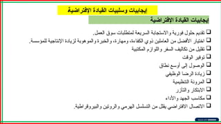 ‫اإلفتراضية‬ ‫القيادة‬ ‫إيجابيات‬
A‫ة‬‫اإلفتراضي‬ ‫القيادة‬ ‫وسلبيات‬ ‫إيجابيات‬

‫العمل‬ ‫سوق‬ ‫لمتطلبات‬ ‫السريعة‬ ‫واالستجابة‬ ‫فورية‬ ‫حلول‬ ‫تقديم‬
.

‫والخبرة‬ ،‫ومهارة‬ ،‫الكفاءة‬ ‫ذوي‬ ‫العاملين‬ ‫من‬ ‫األفضل‬ ‫اختيار‬
‫للمؤسسة‬ ‫اإلنتاجية‬ ‫لزيادة‬ ‫والموهوبة‬
.

‫المكتبية‬ ‫واللوازم‬ ‫السفر‬ ‫تكاليف‬ ‫من‬ ‫تقليل‬

‫الوقت‬ ‫توفير‬

‫نطاق‬ ‫أوسع‬ ‫إلى‬ ‫الوصول‬

‫الوظيفي‬ ‫الرضا‬ ‫زيادة‬

‫التنظيمية‬ ‫المرونة‬

‫والتآزر‬ ‫االبتكار‬

‫واألداء‬ ‫الجهد‬ ‫مكاسب‬

.‫والبيروقراطية‬ ‫والروتين‬ ‫الهرمي‬ ‫التسلسل‬ ‫من‬ ‫يقلل‬ ‫االفتراضي‬ ‫االتصال‬
 