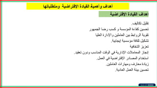 ‫اإلفتراضية‬ ‫القيادة‬ ‫اهداف‬
‫ومتطلباتها‬ ‫اإلفتراضية‬ ‫القيادة‬ A‫ة‬‫وأهمي‬ ‫أهداف‬
‫تكاليف‬ ‫تقليل‬
.
‫الجمهور‬ ‫رضا‬ ‫كسب‬ ‫و‬ ‫المؤسسة‬ ‫كفاءة‬ ‫تحسين‬
‫العليا‬ ‫واإلدارة‬ ‫العاملين‬ ‫بين‬ ‫الروابط‬ ‫تقوية‬
.‫إيجابية‬ ‫مؤسسية‬ ‫ثقافة‬ ‫تشكيل‬
‫الشفافية‬ ‫تعزيز‬
.‫تعقيد‬ ‫ودون‬ ‫المناسب‬ ‫الوقت‬ ‫في‬ ‫اإلدارية‬ ‫المعامالت‬ ‫إنجاز‬
.‫العمل‬ ‫في‬ ‫اإلفتراضية‬ ‫المصادر‬ ‫استخدام‬
.‫العاملين‬ ‫ومهارات‬ ‫معارف‬ ‫زيادة‬
.‫العادية‬ ‫العمل‬ ‫بيئة‬ ‫تحسين‬
 
