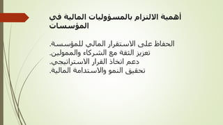 ‫في‬ ‫المالية‬ ‫بالمسؤوليات‬ ‫االلتزام‬ ‫أهمية‬
‫المؤسسات‬
‫للمؤسسة‬ ‫المالي‬ ‫االستقرار‬ ‫على‬ ‫الحفاظ‬
.
‫والممولين‬ ‫الشركاء‬ ‫مع‬ ‫الثقة‬ ‫تعزيز‬
.
‫االستراتيجي‬ ‫القرار‬ ‫اتخاذ‬ ‫دعم‬
.
‫المالية‬ ‫واالستدامة‬ ‫النمو‬ ‫تحقيق‬
.
 