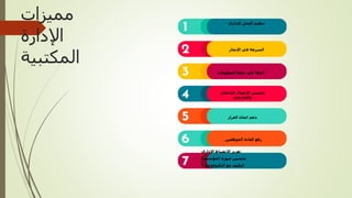 ‫مميزات‬
‫اإلدارة‬
‫المكتبية‬
‫اإلداري‬ ‫العمل‬ ‫تنظيم‬
‫اإلنجاز‬ ‫في‬ ‫السرعة‬
‫المعلومات‬ ‫حفظ‬ ‫في‬ ‫الدقة‬
‫الداخلي‬ ‫االتصال‬ ‫تحسين‬
‫والخارجي‬
‫القرار‬ ‫اتخاذ‬ ‫دعم‬
. ‫الموظفين‬ ‫كفاءة‬ ‫رفع‬
‫اإلداري‬ ‫االنضباط‬ ‫تعزيز‬
‫المؤسسة‬ ‫صورة‬ ‫تحسين‬
9. ‫التكنولوجيا‬ ‫مع‬ ‫التكيف‬
 