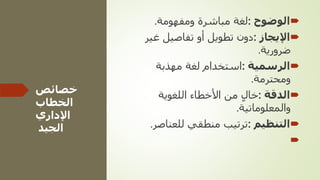 ‫خصائص‬
‫الخطاب‬
‫اإلداري‬
‫الجيد‬

‫الوضوح‬
:
‫ومفهومة‬ ‫مباشرة‬ ‫لغة‬
.

‫اإليجاز‬
:
‫غير‬ ‫تفاصيل‬ ‫أو‬ ‫تطويل‬ ‫دون‬
‫ضرورية‬
.

‫الرسمية‬
:
‫مهذبة‬ ‫لغة‬ ‫استخدام‬
‫ومحترمة‬
.

‫الدقة‬
:
‫اللغوية‬ ‫األخطاء‬ ‫من‬ ٍ‫ل‬‫خا‬
‫والمعلوماتية‬
.

‫التنظيم‬
:
‫للعناصر‬ ‫منطقي‬ ‫ترتيب‬
.

 