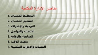 ‫المكتبية‬ ‫اإلدارة‬ ‫عناصر‬
1. ‫المكتبي‬ ‫التخطيط‬
2. ‫المكتبي‬ ‫التنظيم‬
3. ‫واإلشراف‬ ‫التوجيه‬
4. ‫والتواصل‬ ‫االتصال‬
5. ‫والرقابة‬ ‫المتابعة‬
6. ‫الوقت‬ ‫تنظيم‬
7. ‫المكتبية‬ ‫واألدوات‬ ‫التقنيات‬
 