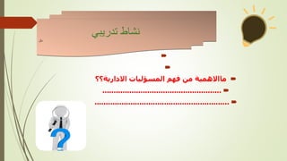 


‫مااالهمية‬
‫فهم‬ ‫من‬
‫المسؤليات‬
‫االدارية؟؟‬

.....................................................

............................................................
‫تدريبي‬ ‫نشاط‬
‫نال‬
 
