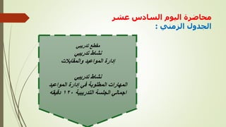 ‫عشر‬ ‫السادس‬ ‫اليوم‬ ‫محاضرة‬
‫الزمني‬ ‫الجدول‬
:
‫تدريبي‬ ‫مقطع‬
‫تدريبي‬ ‫نشاط‬
‫والمقابالت‬ ‫المواعيد‬ ‫إدارة‬
‫تدريبي‬ ‫نشاط‬
‫المواعيد‬ ‫إدارة‬ ‫في‬ ‫المطلوبة‬ ‫المهارات‬
‫التدريبية‬ ‫الجلسة‬ ‫اجمالي‬
١٢٠
‫دقيقه‬
 