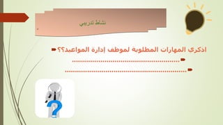‫المواعيد؟؟‬ ‫إدارة‬ ‫لموظف‬ ‫المطلوبة‬ ‫المهارات‬ ‫اذكري‬

.....................................................

............................................................
‫تدريبي‬ ‫نشاط‬
‫ن‬
 