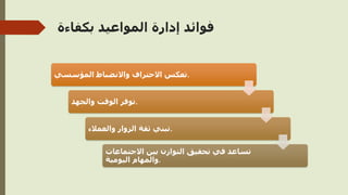 ‫بكفاءة‬ ‫المواعيد‬ ‫إدارة‬ ‫فوائد‬
‫المؤسسي‬ ‫واالنضباط‬ ‫االحتراف‬ ‫تعكس‬.
‫والجهد‬ ‫الوقت‬ ‫توفر‬.
‫والعمالء‬ ‫الزوار‬ ‫ثقة‬ ‫تبني‬.
‫االجتماعات‬ ‫بين‬ ‫التوازن‬ ‫تحقيق‬ ‫في‬ ‫تساعد‬
‫اليومية‬ ‫والمهام‬.
 