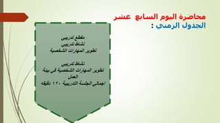 ‫عشر‬ ‫السابع‬ ‫اليوم‬ ‫محاضرة‬
‫الزمني‬ ‫الجدول‬
:
‫تدريبي‬ ‫مقطع‬
‫تدريبي‬ ‫نشاط‬
‫الشخصية‬ ‫المهارات‬ ‫تطوير‬
‫تدريبي‬ ‫نشاط‬
‫بيئة‬ ‫في‬ ‫الشخصية‬ ‫المهارات‬ ‫تطوير‬
‫العمل‬
‫التدريبية‬ ‫الجلسة‬ ‫اجمالي‬
١٢٠
‫دقيقه‬
 