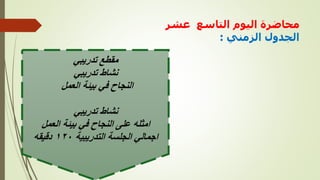 ‫عشر‬ ‫التاسع‬ ‫اليوم‬ ‫محاضرة‬
‫الزمني‬ ‫الجدول‬
:
‫تدريبي‬ ‫مقطع‬
‫تدريبي‬ ‫نشاط‬
‫العمل‬ ‫بيئة‬ ‫في‬ ‫النجاح‬
‫تدريبي‬ ‫نشاط‬
‫العمل‬ ‫بيئة‬ ‫في‬ ‫النجاح‬ ‫على‬ ‫امثله‬
‫التدريبية‬ ‫الجلسة‬ ‫اجمالي‬
١٢٠
‫دقيقه‬
 