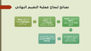 ‫النهائي‬ ‫التقييم‬ ‫عملية‬ ‫لنجاح‬ ‫نصائح‬
‫يكون‬ ‫أن‬
ً‫عادال‬
‫ًا‬‫ي‬‫وموضوع‬
‫ا‬ً‫د‬‫بعي‬
‫ز‬ّ‫ي‬‫التح‬ ‫عن‬.
‫يستند‬ ‫أن‬
‫إلى‬
‫بيانات‬
‫حقيقية‬
‫وليس‬
‫شخصية‬ ‫انطباعات‬.
‫يتضمن‬ ‫أن‬
‫تغذية‬
‫راجعة‬
‫اءة‬ّ‫ن‬‫ب‬
‫على‬ ‫تساعد‬
‫التطور‬.
‫أو‬ ‫الموظف‬ ‫إشراك‬
‫في‬ ‫المتدرب‬
‫النتائج‬ ‫مناقشة‬.
‫التقييم‬ ‫نتائج‬ ‫تحويل‬
‫إلى‬
‫تحسين‬ ‫خطط‬
‫واضحة‬.
 