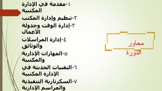 ١
-
‫اإلدارة‬ ‫في‬ ‫مقدمة‬
‫المكتبية‬
٢
-
‫المكتب‬ ‫وإدارة‬ ‫تنظيم‬
٣
-
‫وجدولة‬ ‫الوقت‬ ‫إدارة‬
‫األعمال‬
٤
-
‫المراسالت‬ ‫إدارة‬
‫والوثائق‬
٥
-
‫اإلدارية‬ ‫المهارات‬
‫والمكتبية‬
٦
-
‫في‬ ‫الحديثة‬ ‫التقنيات‬
‫المكتبية‬ ‫اإلدارة‬
٧
-
‫التنفيذية‬ ‫السكرتارية‬
‫اإلدارية‬ ‫والمراسم‬
‫محاور‬
‫الدورة‬
 