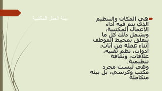 ‫المكتبي‬ ‫العمل‬ ‫بيئة‬
‫ة‬ 
‫هي‬
‫والتنظيم‬ ‫المكان‬
‫أداء‬ ‫فيه‬ ‫يتم‬ ‫الذي‬
،‫المكتبية‬ ‫األعمال‬
‫ما‬ ‫كل‬ ‫ذلك‬ ‫ويشمل‬
‫الموظف‬ ‫بمحيط‬ ‫يتعلق‬
،‫أثاث‬ ‫من‬ ‫عمله‬ ‫أثناء‬
،‫تقنية‬ ‫نظم‬ ،‫أدوات‬
‫وثقافة‬ ،‫عالقات‬
‫تنظيمية‬
.
‫مجرد‬ ‫ليست‬ ‫وهي‬
‫بي‬ ‫بل‬ ،‫وكرسي‬ ‫مكتب‬
‫ئة‬
‫متكاملة‬
 