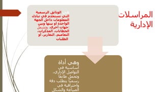 ‫المراسالت‬
‫اإلدارية‬
‫هي‬
‫الرسمية‬ ‫الوثائق‬
‫تبادل‬ ‫في‬ ‫تستخدم‬ ‫التي‬
‫الجهة‬ ‫داخل‬ ‫المعلومات‬
‫وبين‬ ‫بينها‬ ‫أو‬ ‫الواحدة‬
‫أخرى‬ ‫جهات‬
‫وتشمل‬ ، :
،‫المذكرات‬ ،‫الخطابات‬
‫أو‬ ،‫التقارير‬ ،‫التعاميم‬
‫الطلبات‬.
‫أداة‬ ‫وهي‬
‫في‬ ‫أساسية‬
،‫اإلداري‬ ‫التواصل‬
‫ا‬ً‫ع‬‫طاب‬ ‫وتحمل‬
‫دقة‬ ‫يتطلب‬ ‫ا‬ً‫ي‬‫رسم‬
‫في‬ ‫واحترافية‬
‫والشكل‬ ‫الصياغة‬
 