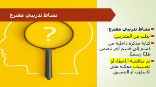 ‫مقترح‬ ‫تدريبي‬ ‫نشاط‬

‫مقترح‬ ‫تدريبي‬ ‫نشاط‬
:

‫المتدربين‬ ‫من‬ ‫اطلب‬
:

‫من‬ ‫داخلية‬ ‫مذكرة‬ ‫كتابة‬
‫تتضمن‬ ‫آخر‬ ‫قسم‬ ‫إلى‬ ‫قسم‬
‫ا‬ً‫ي‬‫رسم‬ ‫ا‬ً‫ب‬‫طل‬
.

‫أو‬ ‫األخطاء‬ ‫مناقشة‬ ‫ثم‬
‫تحسينات‬
‫على‬ ‫ممكنة‬
‫التنسيق‬ ‫أو‬ ‫األسلوب‬
 