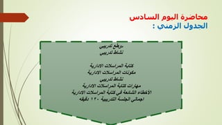 ‫السادس‬ ‫اليوم‬ ‫محاضرة‬
‫الزمني‬ ‫الجدول‬
:
‫مق‬
‫تدريبي‬ ‫طع‬
‫تدريبي‬ ‫نشاط‬
‫االدارية‬ ‫المراسالت‬ ‫كتابة‬
‫االدارية‬ ‫المراسالت‬ ‫مكونات‬
‫تدريبي‬ ‫نشاط‬
‫االدارية‬ ‫المراسالت‬ ‫كتابة‬ ‫مهارات‬
‫االدارية‬ ‫المراسالت‬ ‫كتابة‬ ‫في‬ ‫الشائعة‬ ‫األخطاء‬
‫التدريبية‬ ‫الجلسة‬ ‫اجمالي‬
١٢٠
‫دقيقه‬
 