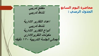 ‫السابع‬ ‫اليوم‬ ‫محاضرة‬
‫الزمني‬ ‫الجدول‬
:
‫تدريبي‬ ‫مقطع‬
‫تدريبي‬ ‫نشاط‬
‫االدارية‬ ‫التقارير‬ ‫اعداد‬
‫تدريبي‬ ‫نشاط‬
‫االدارية‬ ‫التقارير‬ ‫أنواع‬
‫مكونات‬
‫التقريراالداري‬
‫التدريبية‬ ‫الجلسة‬ ‫اجمالي‬
١٢٠
‫دقيقه‬
 