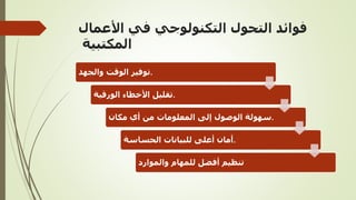 ‫األعمال‬ ‫في‬ ‫التكنولوجي‬ ‫التحول‬ ‫فوائد‬
‫المكتبية‬
‫والجهد‬ ‫الوقت‬ ‫توفير‬.
‫الورقية‬ ‫األخطاء‬ ‫تقليل‬.
‫مكان‬ ‫أي‬ ‫من‬ ‫المعلومات‬ ‫إلى‬ ‫الوصول‬ ‫سهولة‬.
‫الحساسة‬ ‫للبيانات‬ ‫أعلى‬ ‫أمان‬.
‫والموارد‬ ‫للمهام‬ ‫أفضل‬ ‫تنظيم‬
 