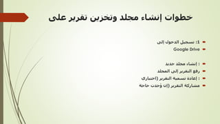‫على‬ ‫تقرير‬ ‫وتخزين‬ ‫مجلد‬ ‫إنشاء‬ ‫خطوات‬

1
:
‫إلى‬ ‫الدخول‬ ‫تسجيل‬

Google Drive

:
‫جديد‬ ‫مجلد‬ ‫إنشاء‬

‫المجلد‬ ‫إلى‬ ‫التقرير‬ ‫رفع‬

:
‫التقرير‬ ‫تسمية‬ ‫إعادة‬
(
‫اختياري‬

‫التقرير‬ ‫مشاركة‬
(
‫حاجة‬ ‫جدت‬ُ‫و‬ ‫إن‬
 