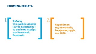ΕΠΟΜΕΝΑ ΒΗΜΑΤΑ
Έκδοση
του Σχεδίου Δράσης
(εντός Δεκεμβρίου)
το οποίο θα περιέχει
την Κοινωνική
Συμφωνία
Νομοθέτηση
της Κοι...