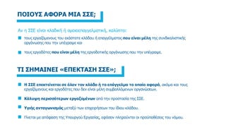 Αν η ΣΣΕ είναι κλαδική ή ομοιοεπαγγελματική, καλύπτει:
τους εργαζόμενους του εκάστοτε κλάδου ή επαγγέλματος που είναι μέλη...