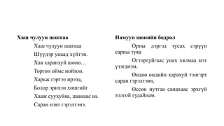 Хаш чулуун шатнаа
Хаш чулуун шатнаа
Шүүдэр унаад хүйтэн.
Хав харанхуй шөнө…
Торгон оймс нойтон.
Харьж гэртээ ирээд,
Болор эрихэн хөшгийг
Хааж суухуйяа, цаанаас нь
Саран нэвт гэрэлтэнэ.
Намуун шөнийн бодрол
Орны дэргэд тусах сэрүүн
сарны туяа
Огторгуйгаас унах хялмаа мэт
үзэгднэм.
Өөдөө өндийн харахуй тэнгэрт
саран гэрэлтэвч,
Өссөн нутгаа санахаас эрхгүй
толгой гудайнам.
 