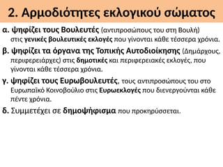 2. Αρμοδιότητες εκλογικού σώματος
α. ψηφίζει τους Βουλευτές (αντιπροσώπους του στη Βουλή)
στις γενικές βουλευτικές εκλογές που γίνονται κάθε τέσσερα χρόνια.
β. ψηφίζει τα όργανα της Τοπικής Αυτοδιοίκησης (Δημάρχους,
περιφερειάρχες) στις δημοτικές και περιφερειακές εκλογές, που
γίνονται κάθε τέσσερα χρόνια.
γ. ψηφίζει τους Ευρωβουλευτές, τους αντιπροσώπους του στο
Ευρωπαϊκό Κοινοβούλιο στις Ευρωεκλογές που διενεργούνται κάθε
πέντε χρόνια.
δ. Συμμετέχει σε δημοψήφισμα που προκηρύσσεται.
 