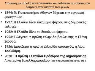 Σταδιακή, μεταβολή των κοινωνικών και πολιτικών συνθηκών που
οδηγούν στην ισότητα των φύλων
• 1894: Το Πανεπιστήμιο Αθηνών δέχεται την εγγραφή
φοιτητριών.
• 1927: Η Ελλάδα δίνει δικαίωμα ψήφου στις δημοτικές
εκλογές.
• 1952: Η Ελλάδα δίνει το δικαίωμα ψήφου.
• 1953: Εκλέγεται η πρώτη ελληνίδα βουλευτής, η Ελένη
Σκούρα.
• 1956: Διορίζεται η πρώτη ελληνίδα υπουργός, η Λίνα
Τσαλδάρη.
• 2020 : Η πρώτη Ελληνίδα Πρόεδρος της Δημοκρατίας
Αικατερίνη Σακελλαροπούλου (και η πρώτη πρόεδρος του ΣτΕ )
 