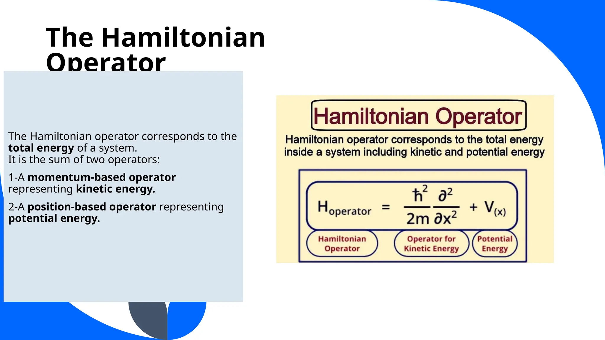The Hamiltonian
Operator
The Hamiltonian operator corresponds to the
total energy of a system.
It is the sum of two operators:
1-A momentum-based operator
representing kinetic energy.
2-A position-based operator representing
potential energy.
 