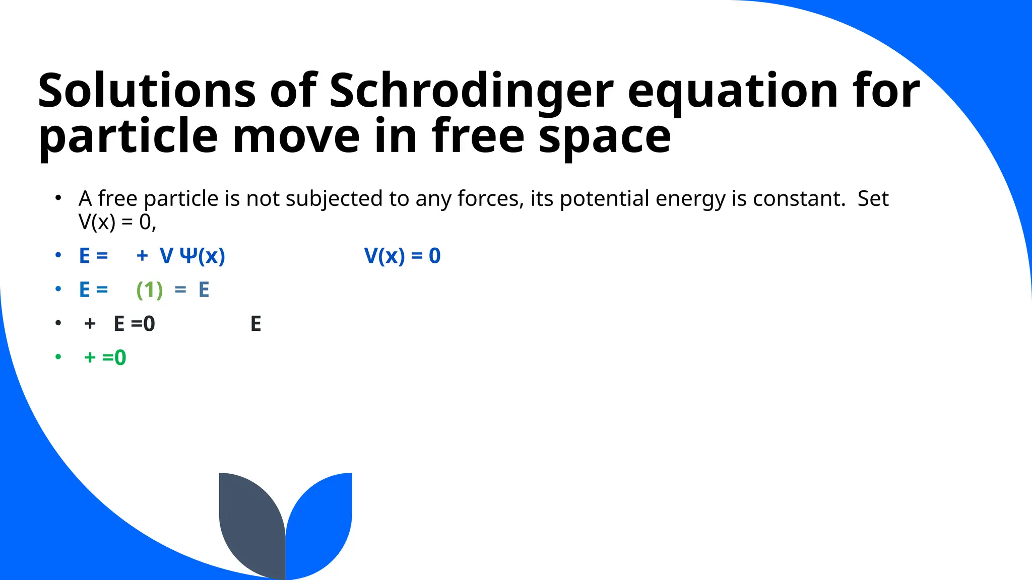 Solutions of Schrodinger equation for
particle move in free space
• A free particle is not subjected to any forces, its potential energy is constant. Set
V(x) = 0,
• E = + V Ψ(x) V(x) = 0
• E = (1) = E
• + E =0 E
• + =0
 