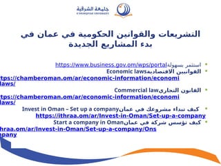 ‫في‬ ‫عمان‬ ‫في‬ ‫الحكومية‬ ‫والقوانين‬ ‫التشريعات‬
‫الجديدة‬ ‫المشاريع‬ ‫بدء‬

‫بسهولة‬ ‫استثمر‬
https://www.business.gov.om/wps/portal

‫االقتصادية‬ ‫القوانيين‬
Economic laws
ttps://chamberoman.om/ar/economic-information/economi
laws/

‫التجاري‬ ‫القانون‬
Commercial law
ttps://chamberoman.om/ar/economic-information/economi
laws/

‫عمان‬ ‫في‬ ‫مشروعك‬ ‫تبداء‬ ‫كيف‬
Invest in Oman – Set up a company
https://ithraa.om/ar/Invest-in-Oman/Set-up-a-company

‫عمان‬ ‫في‬ ‫شركة‬ ‫تؤسس‬ ‫كيف‬
Start a company in Oman
hraa.om/ar/Invest-in-Oman/Set-up-a-company/Ons
mpany
 