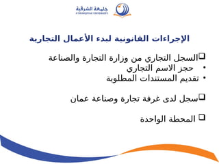 ‫التجارية‬ ‫األعمال‬ ‫لبدء‬ ‫القانونية‬ ‫اإلجراءات‬

‫والصناعة‬ ‫التجارة‬ ‫وزارة‬ ‫من‬ ‫التجاري‬ ‫السجل‬
•
‫التجاري‬ ‫االسم‬ ‫حجز‬
•
‫المطلوبة‬ ‫المستندات‬ ‫تقديم‬

‫عمان‬ ‫وصناعة‬ ‫تجارة‬ ‫غرفة‬ ‫لدى‬ ‫سجل‬

‫الواحدة‬ ‫المحطة‬
 