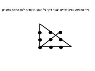 ‫העפרון‬ ‫הרמת‬ ‫ללא‬ ‫הנקודות‬ ‫תשע‬ ‫כל‬ ‫דרך‬ ‫ועבור‬ ‫ישרים‬ ‫קווים‬ ‫ארבעה‬ ‫צייר‬
 