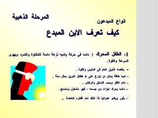 ‫المبدع‬ ‫االبن‬ ‫تعرف‬ ‫كيف‬
‫المبدع‬ ‫االبن‬ ‫تعرف‬ ‫كيف‬
‫المبدعون‬ ‫انواع‬
‫المبدعون‬ ‫انواع‬
1
1
-
-
: ‫المحرك‬ ‫الطفل‬
: ‫المحرك‬ ‫الطفل‬
‫ويهوى‬ ‫والتمرد‬ ‫للشقاوة‬ ‫دائمة‬ ‫نزعة‬ ‫ولديه‬ ‫حركة‬ ‫في‬ ‫دائما‬
‫ويهوى‬ ‫والتمرد‬ ‫للشقاوة‬ ‫دائمة‬ ‫نزعة‬ ‫ولديه‬ ‫حركة‬ ‫في‬ ‫دائما‬
. ‫والقوة‬ ‫السرعة‬
. ‫والقوة‬ ‫السرعة‬
-
-
. ‫والقوة‬ ‫الملبس‬ ‫في‬ ‫العام‬ ‫الذوق‬ ‫ينقصه‬
. ‫والقوة‬ ‫الملبس‬ ‫في‬ ‫العام‬ ‫الذوق‬ ‫ينقصه‬
‫على‬ ‫توزع‬ ‫ان‬ ‫يمكن‬ ‫طاقة‬ ‫لديه‬ -
‫على‬ ‫توزع‬ ‫ان‬ ‫يمكن‬ ‫طاقة‬ ‫لديه‬ -
4
4
. ‫سنة‬ ‫بمثل‬ ‫آخرين‬ ‫اطفال‬
. ‫سنة‬ ‫بمثل‬ ‫آخرين‬ ‫اطفال‬
. ‫والركض‬ ‫التسلق‬ ‫ويحب‬ ‫القفز‬ ‫دائم‬ -
. ‫والركض‬ ‫التسلق‬ ‫ويحب‬ ‫القفز‬ ‫دائم‬ -
-
. ‫ومندمج‬ ‫مشغول‬ ‫فهو‬ ، ‫جسمه‬ ‫من‬ ‫اجزاء‬ ‫يحرك‬ ‫دائما‬ -
. ‫ومندمج‬ ‫مشغول‬ ‫فهو‬ ، ‫جسمه‬ ‫من‬ ‫اجزاء‬ ‫يحرك‬ ‫دائما‬ -
-
‫الخاصة‬ ‫افكاره‬ ‫احد‬ ‫انتقد‬ ‫اذا‬ ‫عدوانيا‬ ‫ويغدو‬ ‫يثور‬ -
‫الخاصة‬ ‫افكاره‬ ‫احد‬ ‫انتقد‬ ‫اذا‬ ‫عدوانيا‬ ‫ويغدو‬ ‫يثور‬ -
.
.
‫الذهبية‬ ‫المرحلة‬
‫الذهبية‬ ‫المرحلة‬
 