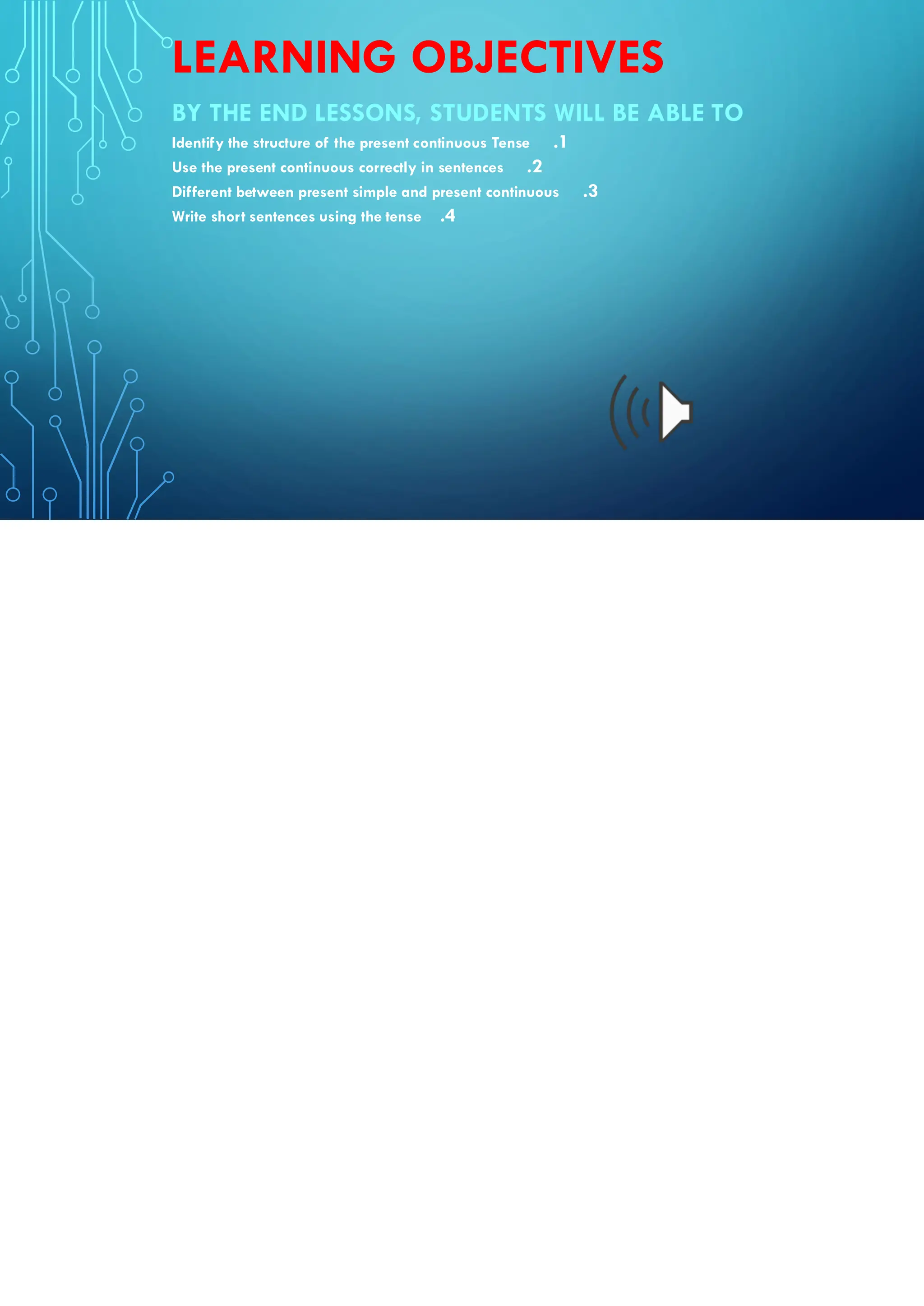 LEARNING OBJECTIVES
BY THE END LESSONS, STUDENTS WILL BE ABLE TO
.1
Identify the structure of the present continuous Tense
.2
Use the present continuous correctly in sentences
.3
Different between present simple and present continuous
.4
Write short sentences using the tense
 
